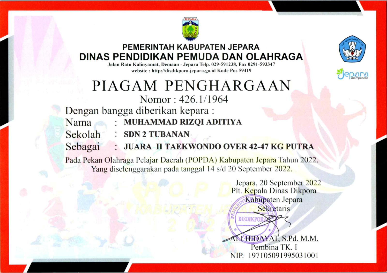 SERTIFIKAT MUHAMMAD RIZQI ADITIYA JUARA 2 PUTRA TAEKWONDO UNDER OVER 42-47 KG PUTRA